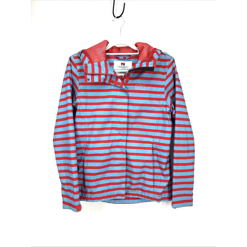 Helly Hansen Nine K Rain Coat Jacket Medium Blue Red Striped Hooded Waterproof